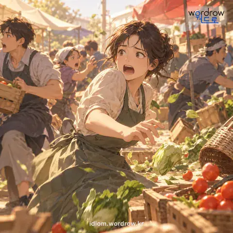 ‘벌집 쑤시어 놓은 것 같다’의 첫 번째 뜻을 표현한 그림: 벌통을 건드려서 벌들이 있는 대로 몰려나와 쏘아 대듯이 온통 난장판이 되어 매우 어수선함을 비유적으로 이르는 말.