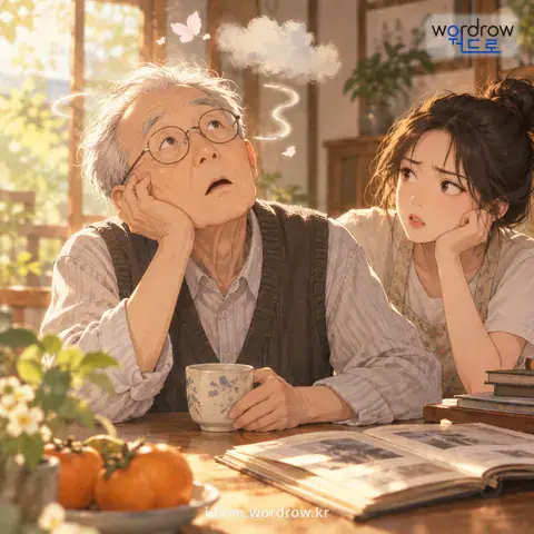 ‘병아리 오줌’의 첫 번째 뜻을 표현한 그림: 정신이 희미하고 고리타분한 사람을 비유적으로 이르는 말.