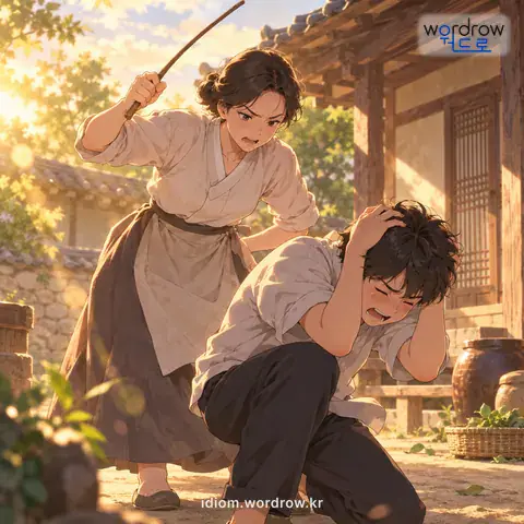 ‘보리를 타다’의 첫 번째 뜻을 표현한 그림: (속되게) 매를 맞다.