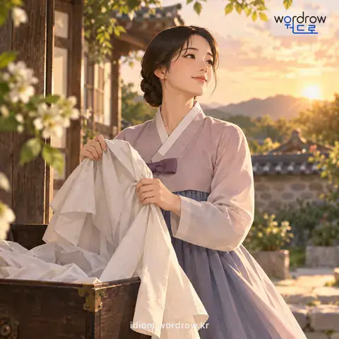 ‘복을 벗다’의 첫 번째 뜻을 표현한 그림: 복제에 따라 첫 1년 동안 상복을 입도록 되어 있는 기간이 지나가다.