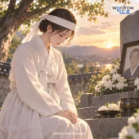 ‘복을 입다’의 첫 번째 뜻을 표현한 그림: 복제에 따라 첫 1년 동안 입도록 되어 있는 상복을 입다.