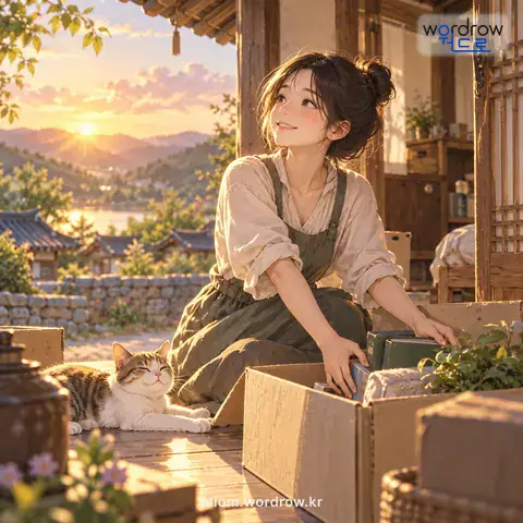 ‘봇짐을 풀다’의 첫 번째 뜻을 표현한 그림: 거처하여 살기 시작하다.