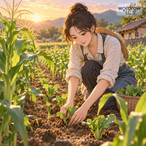 ‘부룩을 박다’의 첫 번째 뜻을 표현한 그림: 곡식이나 채소 따위를 심은 밭의 사이사이에 다른 농작물을 심다.