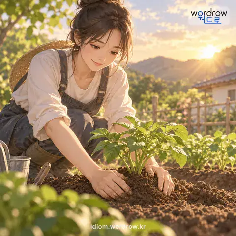 ‘북을 주다’의 첫 번째 뜻을 표현한 그림: 흙으로 식물의 뿌리를 덮어주다.