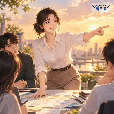 ‘북장단을 치다’의 첫 번째 뜻을 표현한 그림: (비유적으로) 정황에 따라 일을 줏대 있게 잘 처리하다.