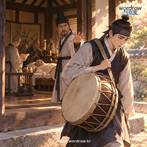 ‘북통을 지다’의 첫 번째 뜻을 표현한 그림: 경을 읽는 동안에 병자가 죽었을 때, 경쟁이가 북을 지고 쫓겨나다.