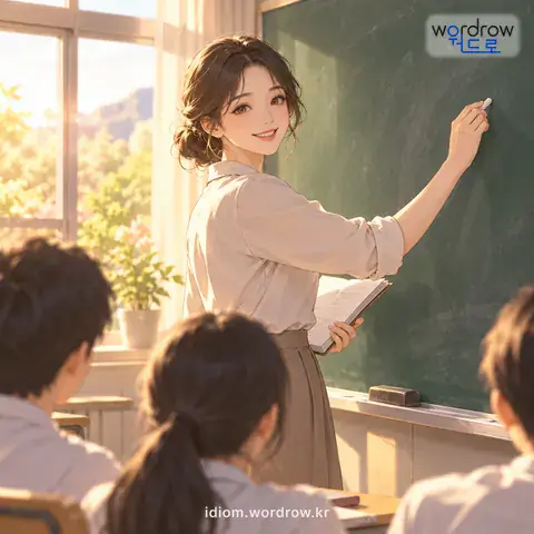‘분필 가루를 먹다’의 첫 번째 뜻을 표현한 그림: (속되게) 가르치는 일을 직업으로 하다.