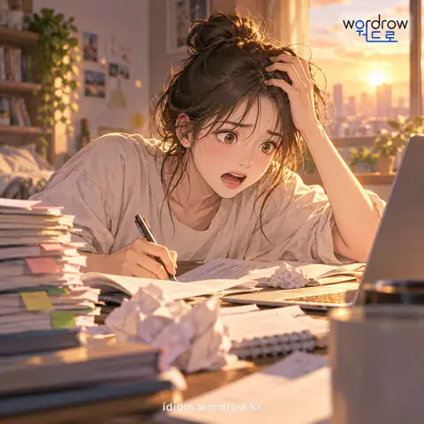 ‘불똥이 떨어지다’의 첫 번째 뜻을 표현한 그림: 일이 몹시 절박하게 닥치다.