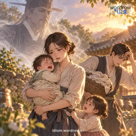 ‘불사가 세다’의 첫 번째 뜻을 표현한 그림: 토속 신앙에서, 조상 가운데 불사가 된 사람이 있어서 자손을 기르기에 힘이 든다.