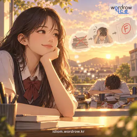 ‘불을 보듯 뻔하다’의 첫 번째 뜻을 표현한 그림: 앞으로 일어날 일이 의심할 여지가 없이 아주 명백하다.