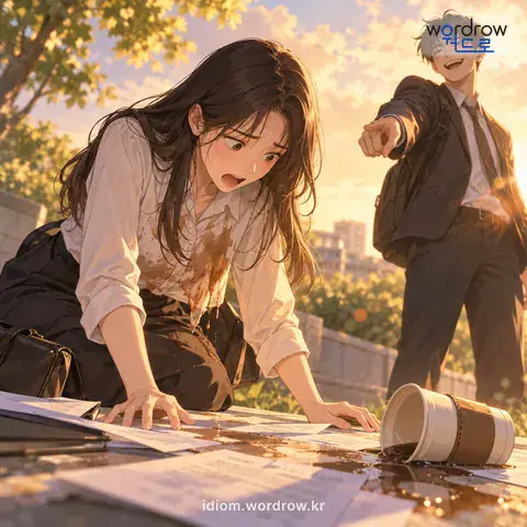 ‘불을 주다’의 첫 번째 뜻을 표현한 그림: 남에게 큰 곤욕이나 해를 입히다.