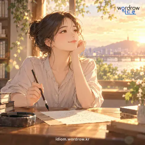 ‘붓을 놓다’의 첫 번째 뜻을 표현한 그림: 글을 매듭짓고 그만 쓰다.