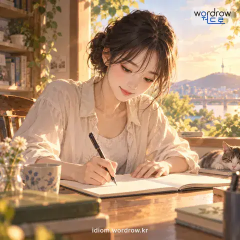 ‘붓을 대다’의 첫 번째 뜻을 표현한 그림: 글이나 글씨를 쓰다.