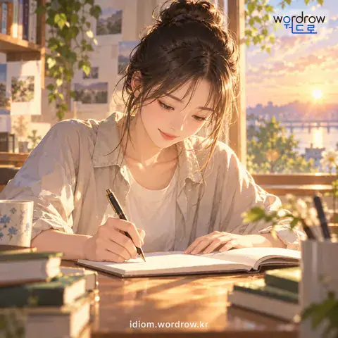 ‘붓을 들다’의 첫 번째 뜻을 표현한 그림: 글을 쓰기 시작하다.