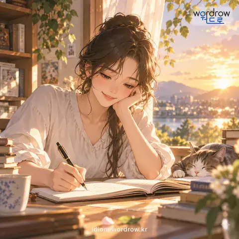 ‘붓이 가볍다’의 첫 번째 뜻을 표현한 그림: 짓는 글이 막히지 않고 순조롭게 잘 써지다.