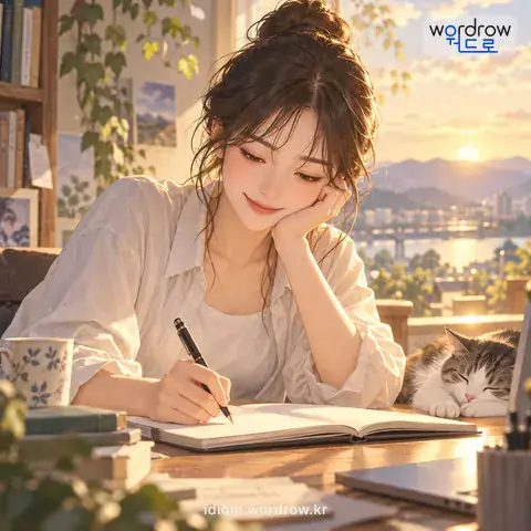 ‘붓이 나가다’의 첫 번째 뜻을 표현한 그림: 짓는 글이 순조롭게 되어 가다.