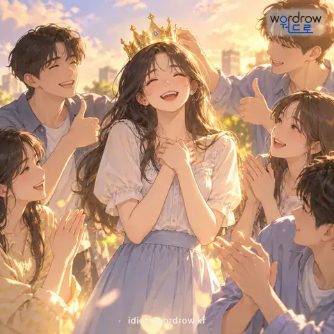 ‘비행기를 태우다’의 첫 번째 뜻을 표현한 그림: 남을 지나치게 칭찬하거나 높이 추어올려 주다.