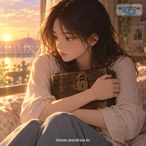 ‘빗장을 지르다’의 첫 번째 뜻을 표현한 그림: 마음속의 생각을 남에게 드러내지 아니하고 굳게 감추다.