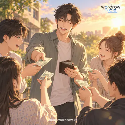 ‘빚을 놓다’의 첫 번째 뜻을 표현한 그림: 여러 사람에게 빚을 주다.