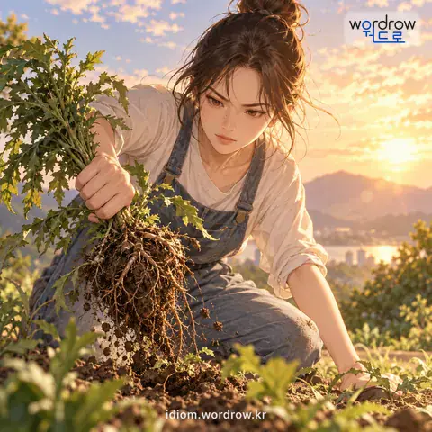 ‘뿌리를 뽑다’의 첫 번째 뜻을 표현한 그림: 어떤 것이 생겨나고 자랄 수 있는 근원을 없애 버리다.