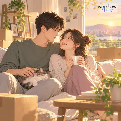 ‘사랑의 보금자리’의 첫 번째 뜻을 표현한 그림: 서로 사랑하는 사람끼리 만드는 새 가정을 이르는 말.