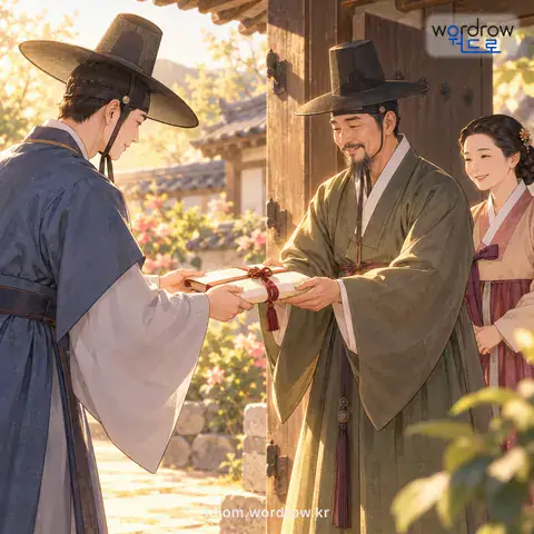 ‘사성을 보내다’의 첫 번째 뜻을 표현한 그림: 혼담이 결정되어 사주단자를 적어 보내다.