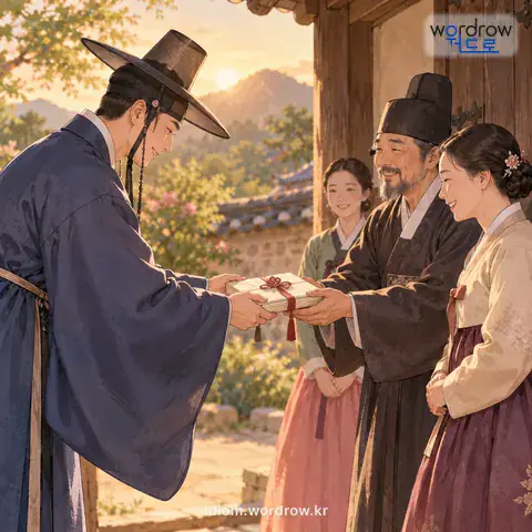‘사성이 가다’의 첫 번째 뜻을 표현한 그림: 혼담이 결정되어 사주단자를 가지고 가다.