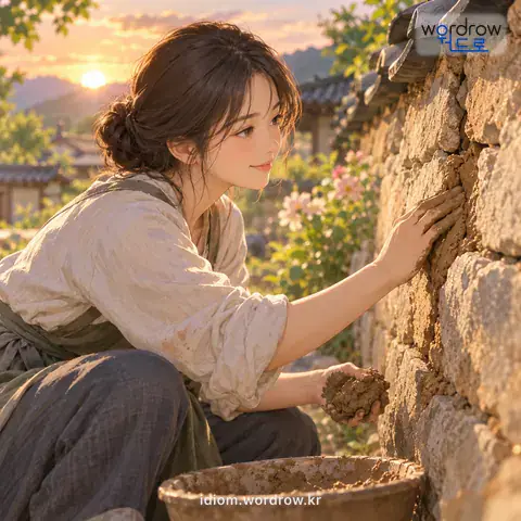 ‘사춤을 치다’의 첫 번째 뜻을 표현한 그림: 담이나 벽 따위의 벌어진 틈을 진흙 따위로 메우다.