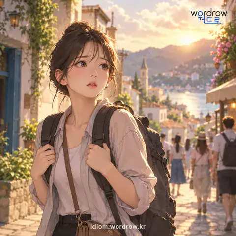 ‘산 설고 물 설다’의 첫 번째 뜻을 표현한 그림: 타향이라서 모든 것이 매우 낯설고 서먹서먹하다.