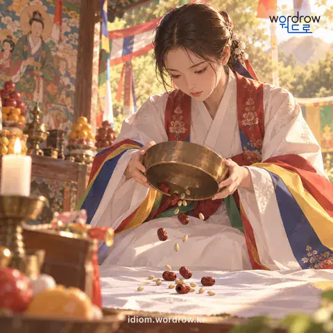 ‘산을 보다’의 첫 번째 뜻을 표현한 그림: 천신굿에서, 무당이 그릇에 대추알이나 잣알 따위를 놓고 흔들어서 떨어지는 수효로 점을 치다.
