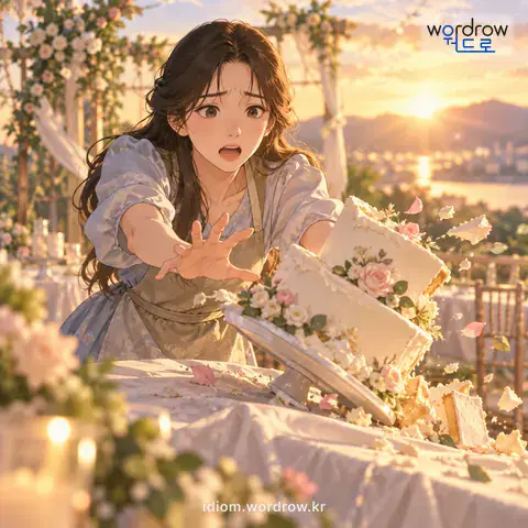 ‘산통이 깨지다’의 첫 번째 뜻을 표현한 그림: 다 잘되어 가던 일이 뒤틀리다.