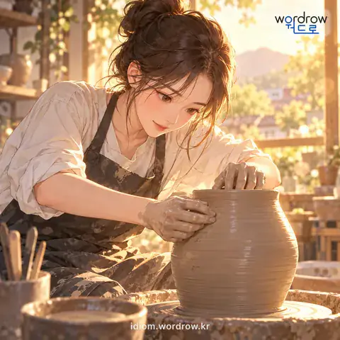 ‘살손을 붙이다’의 첫 번째 뜻을 표현한 그림: 정성을 다하여 힘껏 하다.