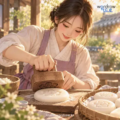 ‘살을 박다’의 첫 번째 뜻을 표현한 그림: 흰떡 따위에 떡살로 무늬를 박다.