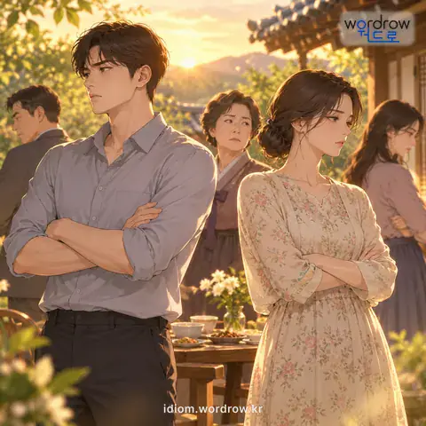 ‘살이 세다’의 첫 번째 뜻을 표현한 그림: 일가친척 사이에 띠앗이 없다.