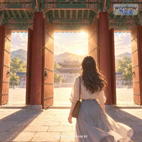‘삼문을 잡다’의 첫 번째 뜻을 표현한 그림: 삼문을 열다.