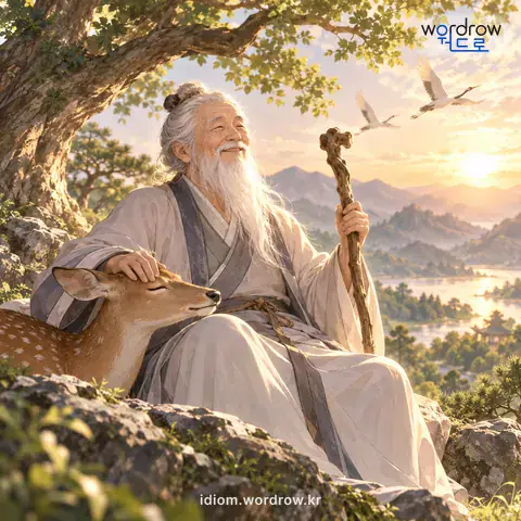 ‘삼천갑자 동방삭’의 첫 번째 뜻을 표현한 그림: 중국 전한(前漢)의 동방삭이 갑자년(甲子年)을 삼천 번 겪으며 18만 살이나 살았다는 데서, 장수하는 사람을 비유적으로 이르는 말.