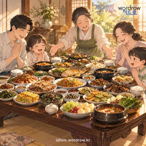 ‘상다리가 부러지다’의 첫 번째 뜻을 표현한 그림: 상에 음식을 매우 많이 차려 놓다.