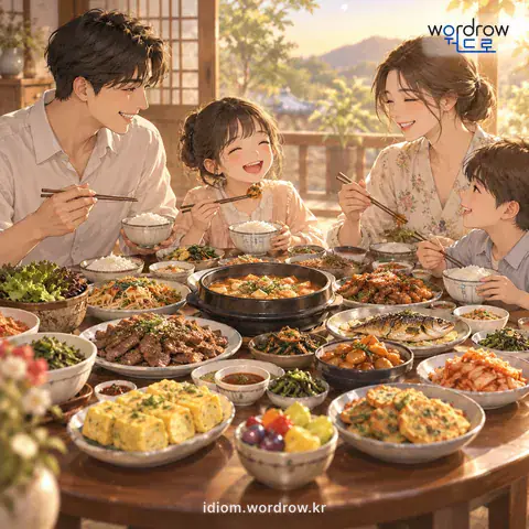 ‘상이 어둡다’의 첫 번째 뜻을 표현한 그림: 상에 차린 음식이 가득하다.