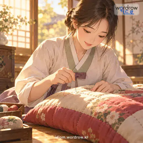 ‘상침을 놓다’의 첫 번째 뜻을 표현한 그림: 박아서 지은 겹옷이나 보료, 방석 따위에 상침질하다.