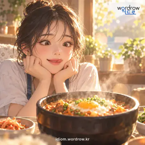 ‘생각이 꿀떡 같다’의 첫 번째 뜻을 표현한 그림: 무엇을 하고 싶은 생각이 매우 간절하다.
