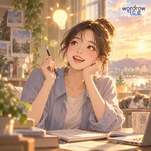 ‘생각이 돌다’의 첫 번째 뜻을 표현한 그림: 그때그때마다 생각이 잘 되거나 잘 떠오르다.
