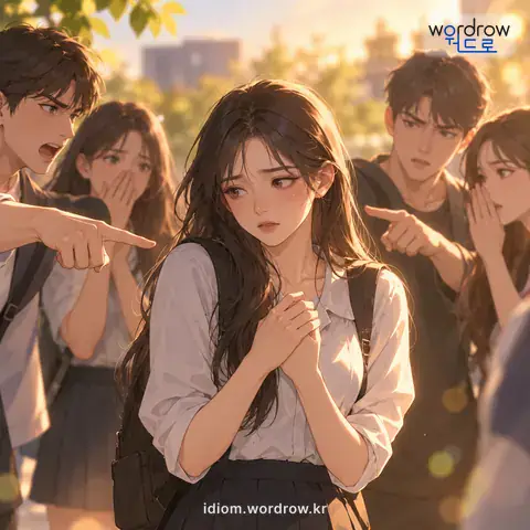 ‘생사람을 잡다’의 첫 번째 뜻을 표현한 그림: 아무 잘못이나 관계가 없는 사람을 헐뜯거나 죄인으로 몰다.