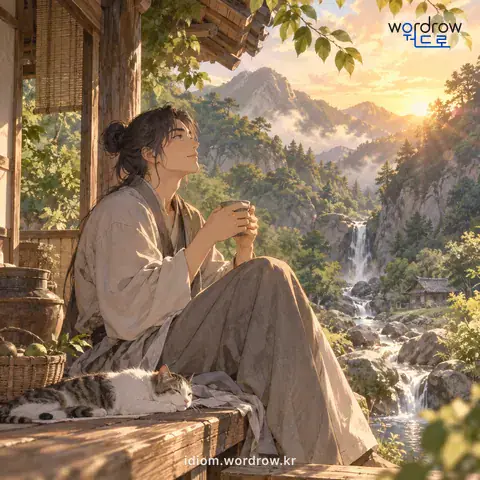 ‘세상을 등지다’의 첫 번째 뜻을 표현한 그림: 깊은 산속 같은 데에 들어가 사회와 인연을 끊고 살다.