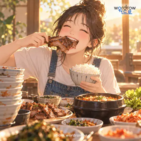 ‘소 먹듯 하다’의 첫 번째 뜻을 표현한 그림: 엄청나게 많이 먹다.