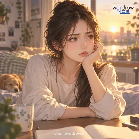 ‘속에 얹히다’의 첫 번째 뜻을 표현한 그림: 마음에 걸리는 일이 있어 언짢다.