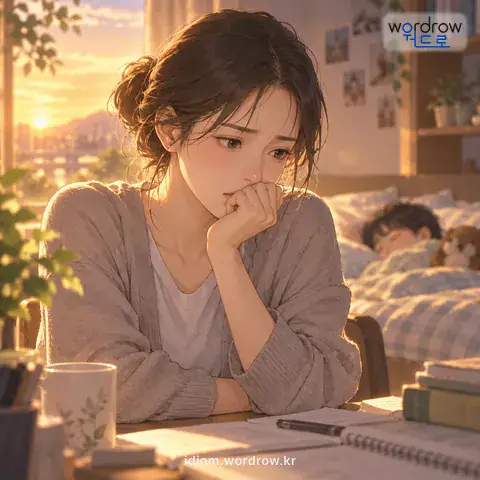 ‘속을 쓰다’의 첫 번째 뜻을 표현한 그림: 걱정하거나 염려하다.