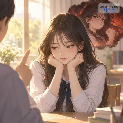 ‘속이 살다’의 첫 번째 뜻을 표현한 그림: 겉으로는 수그러진 듯하나 속에는 반항하는 마음이 있다.