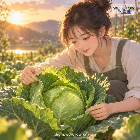 ‘속이 오르다’의 첫 번째 뜻을 표현한 그림: 푸성귀의 속대가 점점 자라서 커지다.