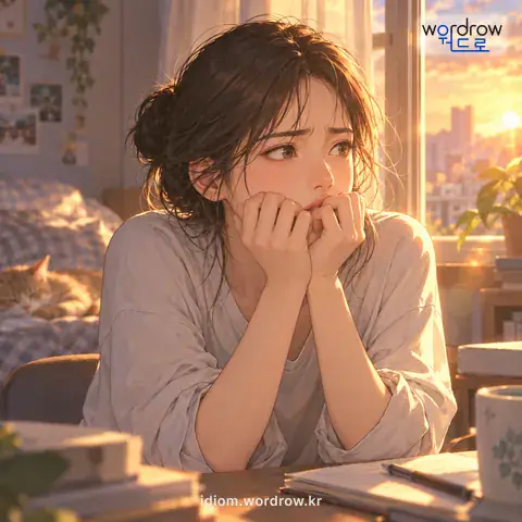 ‘속이 타다’의 첫 번째 뜻을 표현한 그림: 걱정이 되어 마음이 달다.