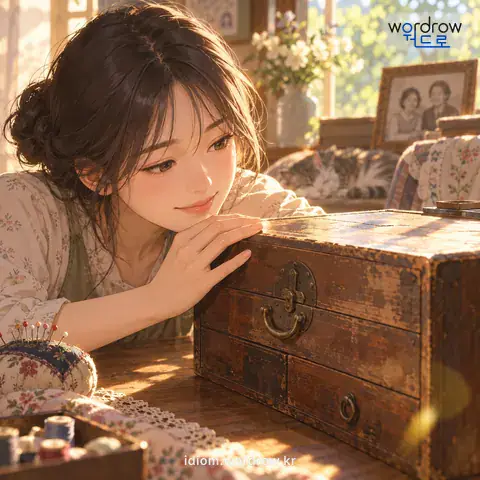 ‘손때가 오르다’의 첫 번째 뜻을 표현한 그림: 그릇, 가구 따위를 오래 써서 길이 들거나 정이 들다.